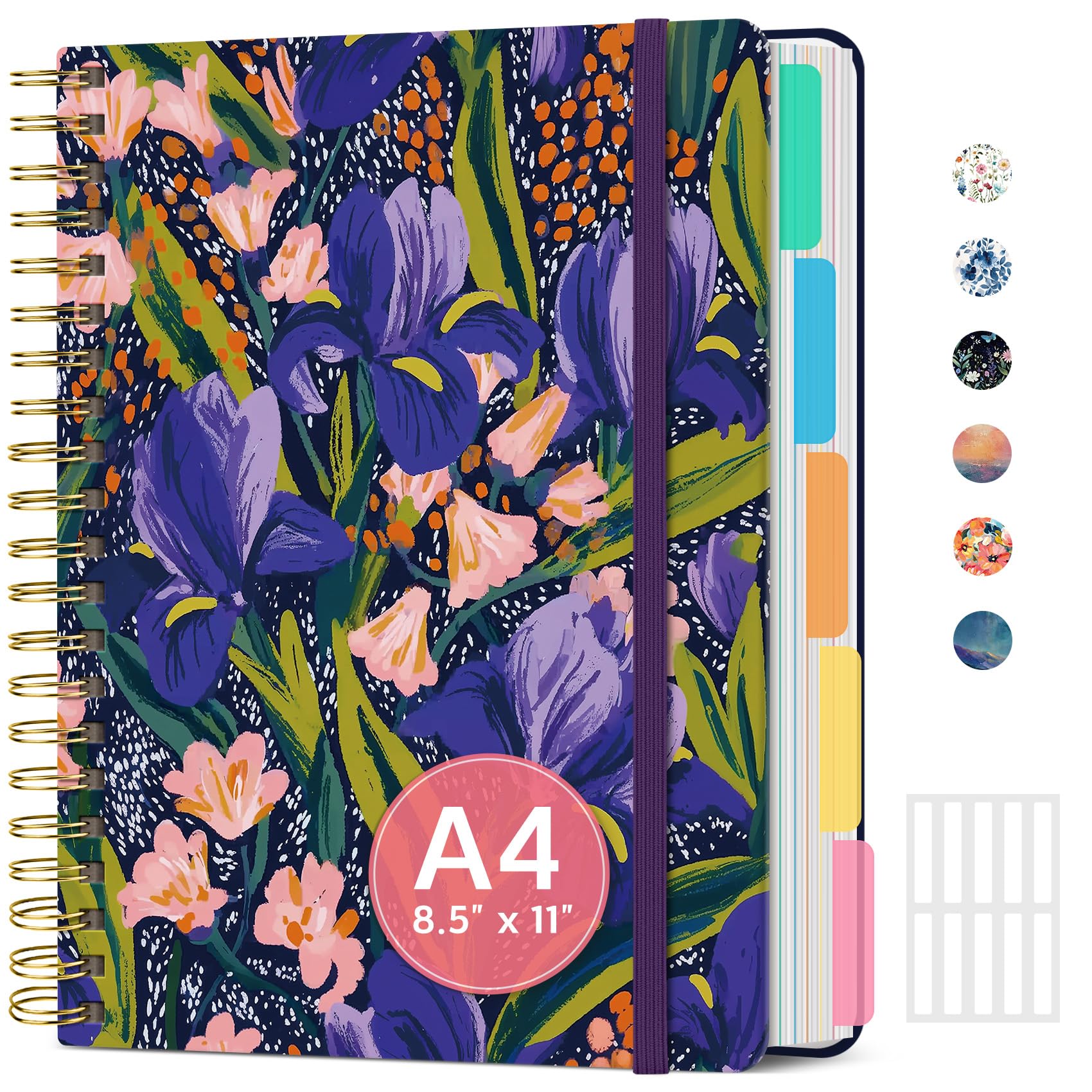 Notebooks for Work with Removable Dividers & Tabs, 8.5"x11" Pretty Hardcover 5 Subject Notebook Journal for Women, College Ruled, Perfect for Study & Office Organization, 280 Pages,Wildflowers