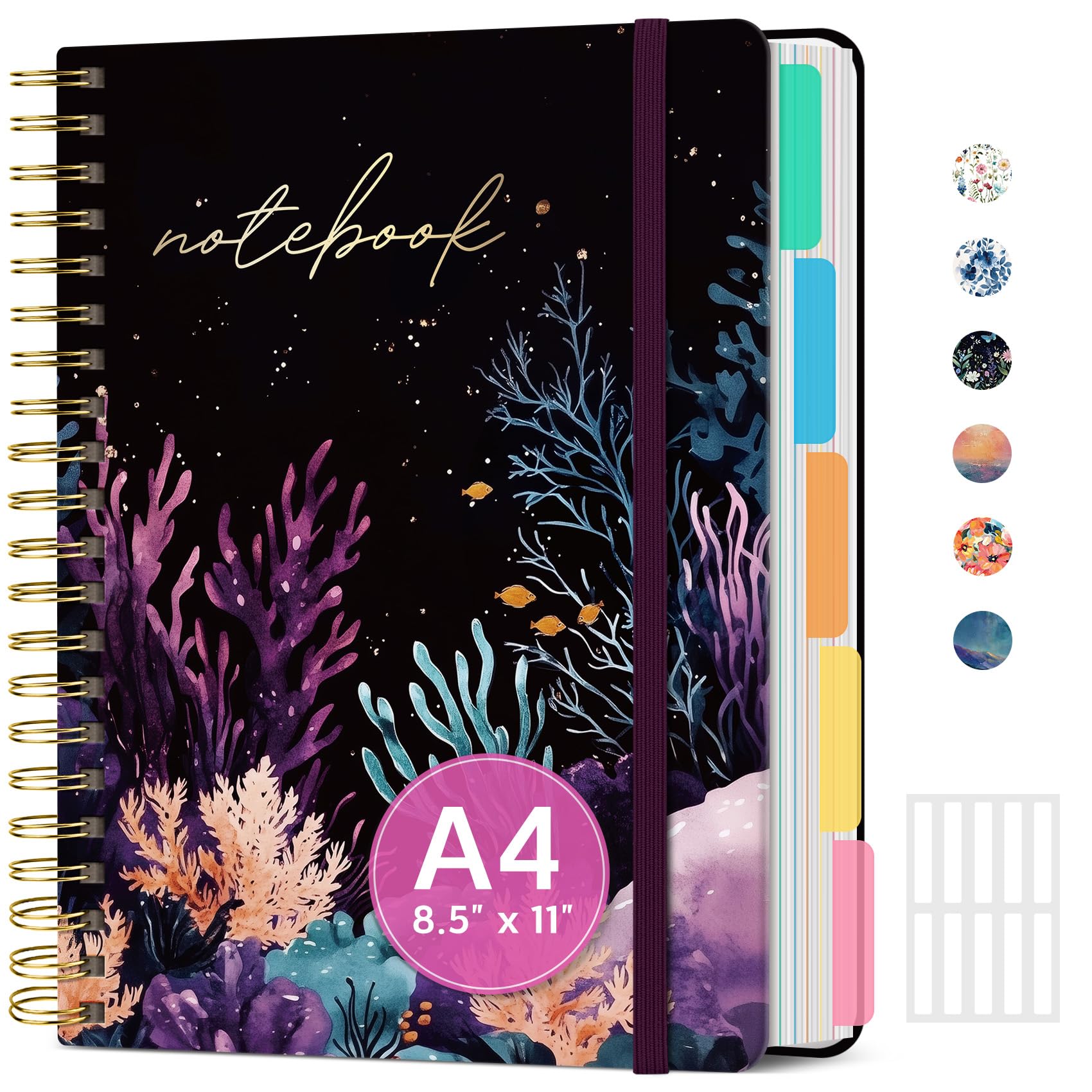 Notebooks for Work with Removable Dividers & Tabs, 8.5"x11" Pretty Hardcover 5 Subject Notebook Journal for Women, College Ruled, Perfect for Study & Office Organization, 280 Pages,Wildflowers
